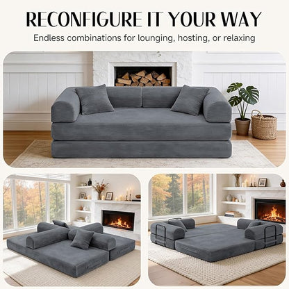 79'' Convertible Sofa Bed, Boneless Couch-in-a-Box, Corduroy Floor Futon Loveseat Sleeper, 26'' Deep Seat, Removable Machine-Wash Covers, No Assembly, 2 Pillows, Dark Grey