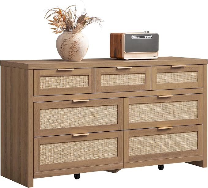 SICOTAS 7 Drawer Dresser for Bedroom, 57" Wide Rattan Dressers, Large Chest of Drawers for Bedroom, Dresser TV Stand, Boho Closet Organizer (Reclaimed Caramel Oak, 7 Drawers (1 pc))