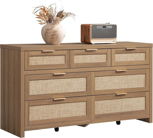 SICOTAS 7 Drawer Dresser for Bedroom, 57" Wide Rattan Dressers, Large Chest of Drawers for Bedroom, Dresser TV Stand, Boho Closet Organizer (Reclaimed Caramel Oak, 7 Drawers (1 pc))