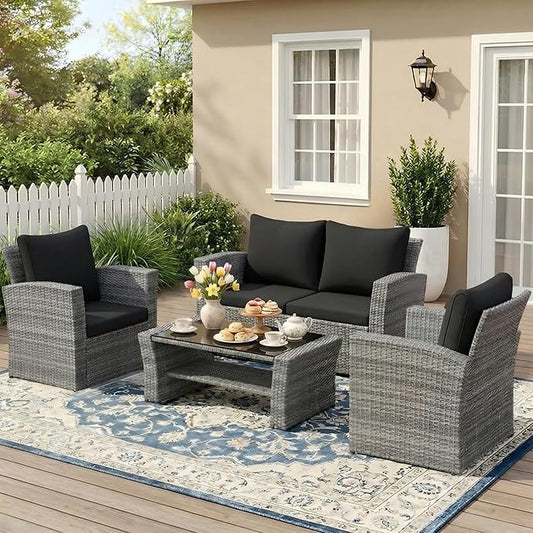 Wisteria Lane Patio Furniture Set, Wicker Outside Outdoor Furniture for All Weather, Patio Sofa with High Backrest Support and Wide Armrest for Backyard, Balcony, Deck, Porch, Black