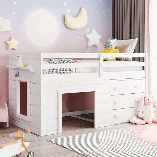 Bellemave Twin Size Low loft Bed for Kids,Wood Modern Farmhouse Twin Loft Bed with and Drawer Storage, No Box Spring Needed, White