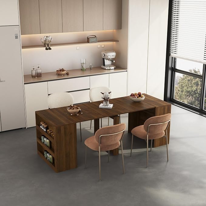 Extendable Foldable Dining Room Table for 1-12 People, Wood Multifunctional Rectangle Expandable Console Kitchen Living Meeting Room Furniture, Walnut