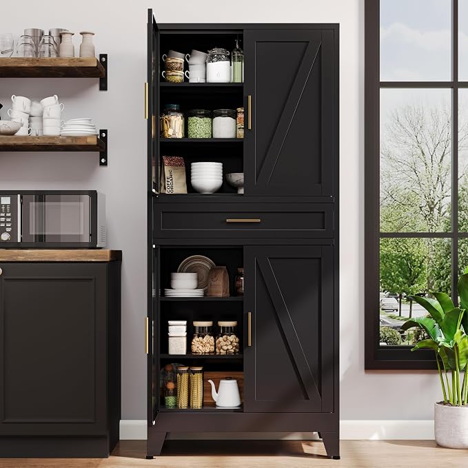 71" H Metal Kitchen Pantry Cabinet with Drawers,Black Kitchen Storage Cabinets with Doors,Tall Pantry Food Storage Cabinets,Large Freestanding Cabinets for Dining Room, Living Room