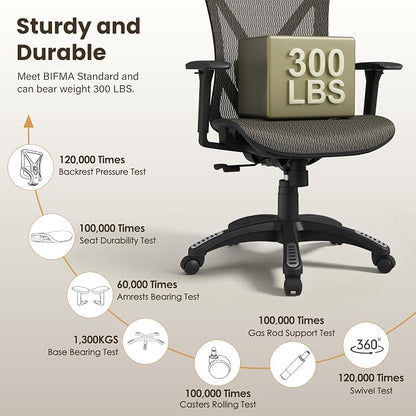 Ergonomic Office Chair, Mesh Computer Desk Chairs with Adjustable Lumbar Support, 3D Armrests, Tilt Function, Comfy Wide Seat, Swivel Executive Work Task Chair for Company and Home