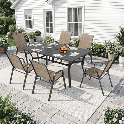 Outdoor Dining Set for 6, 7pcs Patio Table and Chairs Set with Adjustable Umbrella Hole,Heavy Duty 63”x37.8” Metal Dining Table and Stackable Patio Chair for Yard, Garden, Porch
