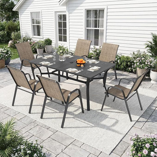 Outdoor Dining Set for 6, 7pcs Patio Table and Chairs Set with Adjustable Umbrella Hole,Heavy Duty 63”x37.8” Metal Dining Table and Stackable Patio Chair for Yard, Garden, Porch