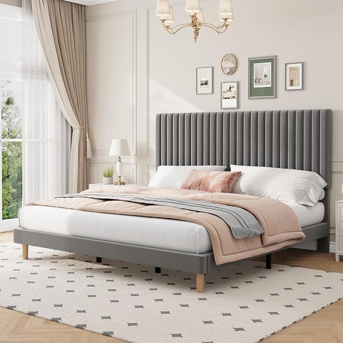 IDEALHOUSE King Bed Frame with Adjustable Headboard, Velvet Upholstered Platform King Size Bed Frame, Vertical Channel Tufted, Strong Wooden Slats, No Box Spring Needed, Easy Assembly, Grey