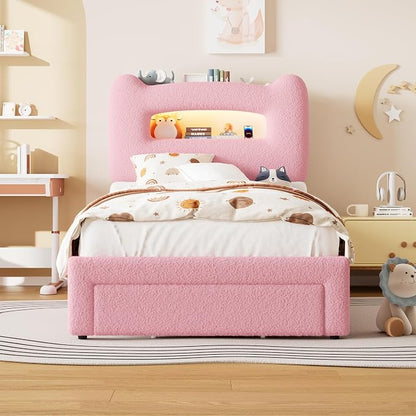 GarveeHome Led Twin Bed Frame for Kids with Drawer, Upholstered Sturdy Platform Bed with Storage Headboard and Charging Station, Noise Free, Easy Assemble, for Girls/Boys, Pink