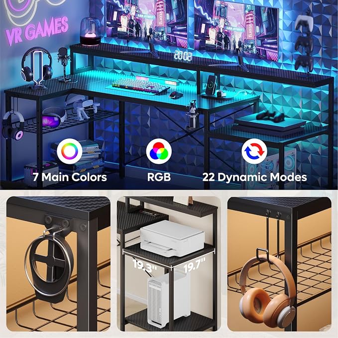 Bestier LED Gaming Desk with Power Outlets, 71 inch L Shaped Computer Desk with Monitor Stand, Large Desk with Printer Stand Adjustable Shelf, Cup Holder & Hooks, Home Office Desk Black | Carbon Fiber Desktop, 20 Static 22 Dynamic RGB Modes, Storage Ra...