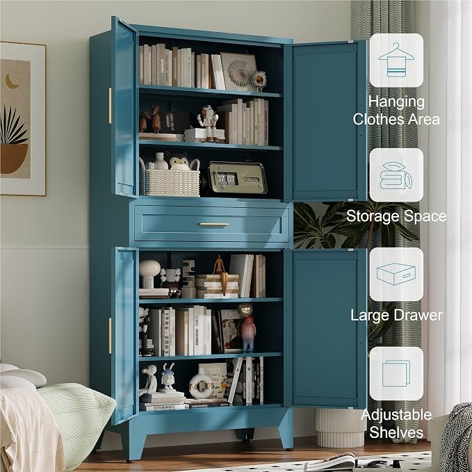 Baborokic 71" Tall Metal Storage Cabinet with Adjustable Shelves,Farmhouse Kitchen Pantry Cabinet with 2 Barn Doors and Drawer,Large Storage Cabinets for Dining Room,Bathroom,Living Room(Blue)