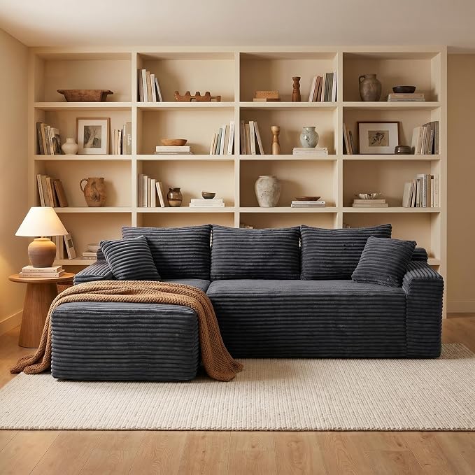 95" L-Shaped Cloud Sectional Couch, Left Facing Modular Compressed Boneless Sectional Sofa with Chaise Lounge, Plush Corduroy Boneless Corner Sofa for Living Room