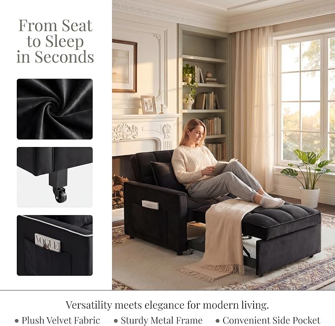 Sleeper Chair, Pull Out Chair Sleeper with Adjustable Back & Pocket, Convertible Chairs Bed Sleepers for Adults, 3 in 1 Sofa Bed Chairs for Small Spaces, Living Room, Black