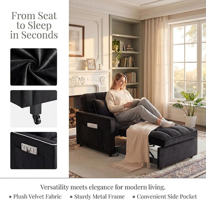 Sleeper Chair, Pull Out Chair Sleeper with Adjustable Back & Pocket, Convertible Chairs Bed Sleepers for Adults, 3 in 1 Sofa Bed Chairs for Small Spaces, Living Room, Black