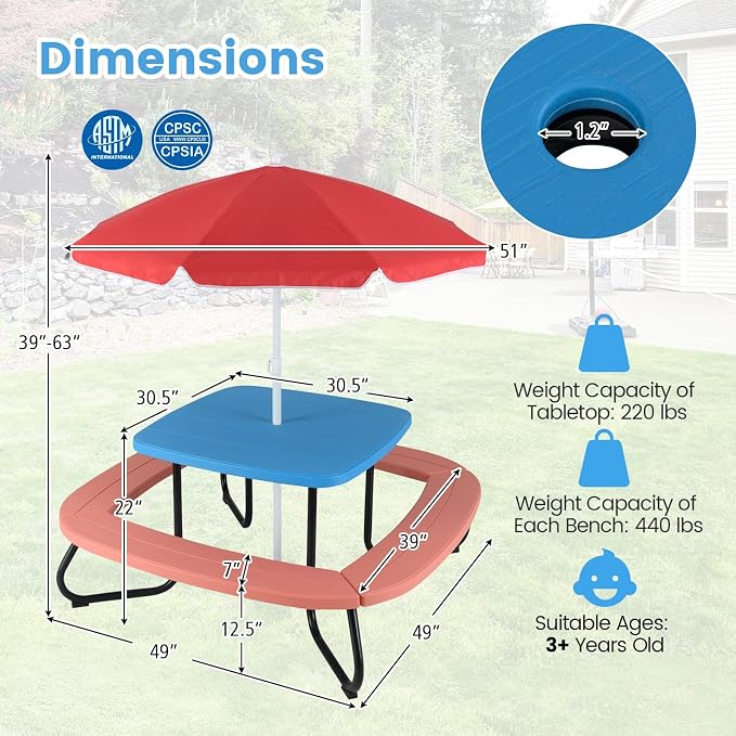 Costzon Kids Picnic Table, 8 Person Kids Outdoor Table and Chairs with Foldable & Adjustable Umbrella, 4 Built-in Benches, Toddler Outdoor Furniture for Backyard, Patio, Garden (Red)