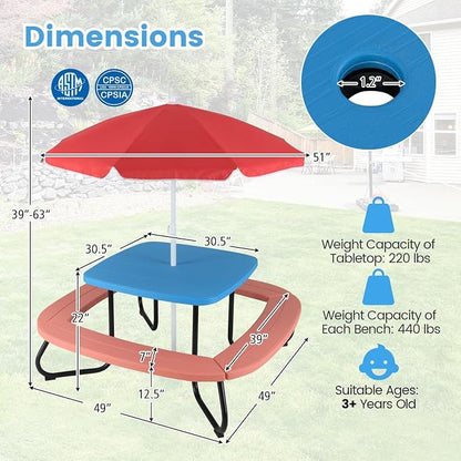 Costzon Kids Picnic Table, 8 Person Kids Outdoor Table and Chairs with Foldable & Adjustable Umbrella, 4 Built-in Benches, Toddler Outdoor Furniture for Backyard, Patio, Garden (Red)