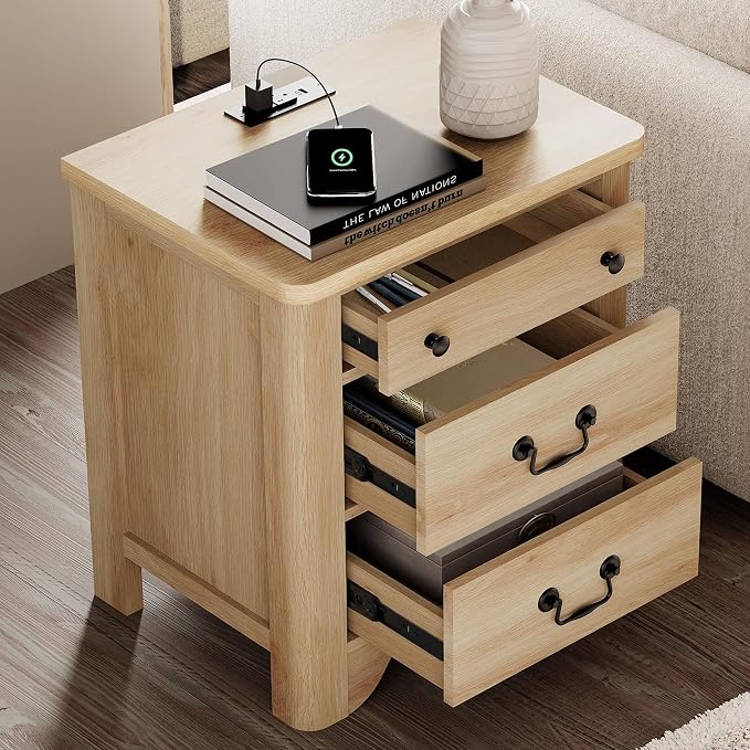 WAMPAT 4 Piece Bedroom Set - Includes Farmhouse 3 Drawer Storage Cabinet, Set of 2 Bedside Tables with Charging Station, Dresser and Nightstand Sets, Oak