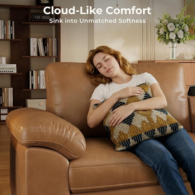 SITJOY Large Cloud Couch, 100" Wide Loveseat Sofa, Faux Leather in Brown | Pet-Friendly Scratch-Resistant Leather Sectional Sofas for Living Room, Deep Seat Wide Couch with Cuphoders