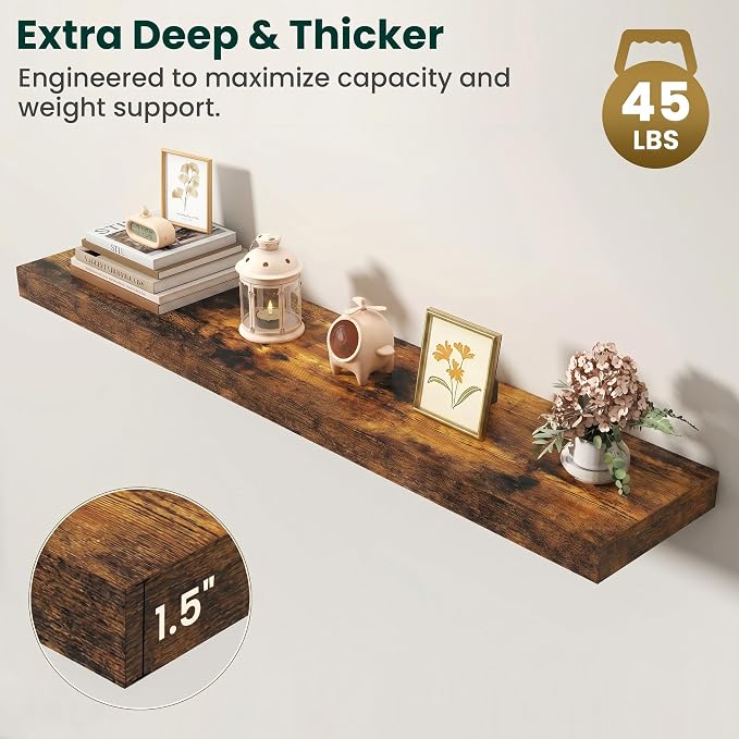 Floating Shelves for Wall, 48 Inch x 8 Inch Deep Wall Mounted Wood Shelf with Invisible Brackets for Storage & Display, Living Room Bedroom Kitchen, Rustic Brown, Set of 2