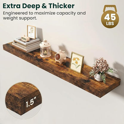 Floating Shelves for Wall, 48 Inch x 8 Inch Deep Wall Mounted Wood Shelf with Invisible Brackets for Storage & Display, Living Room Bedroom Kitchen, Rustic Brown, Set of 2
