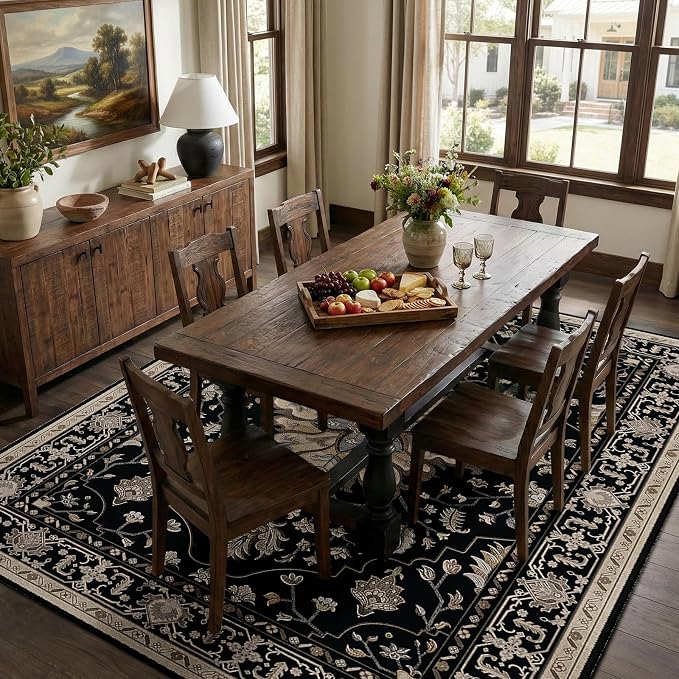 RELEANY Area Rugs 5'x7' Washable Non-Slip, Floral Vintage Distress Medallion Carpet for Living Room Bedroom Dining Room, Black Brown Neutral Dark Tan