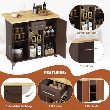 JY QAQA 42" Kitchen Island with Storage on Wheels, Rolling Table with Drop Leaf, Drawers, Cart Handle for Towel Rack or Free Movement, Brown