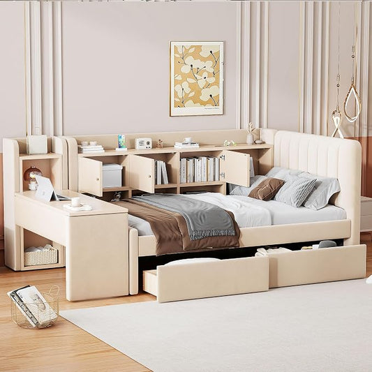 Bellemave Twin Corner Bed with Storage Shelves and Desk, Upholstered Daybed with Bookcase and Drawers，Daybed with Storage, Beige