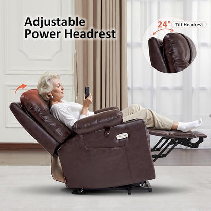 MCombo Small Power Lift Recliner Chair Sofa with Massage and Dual Heating, Adjustable Headrest for Elderly People Petite, USB Ports, Faux Leather 7111 (Dark Brown)
