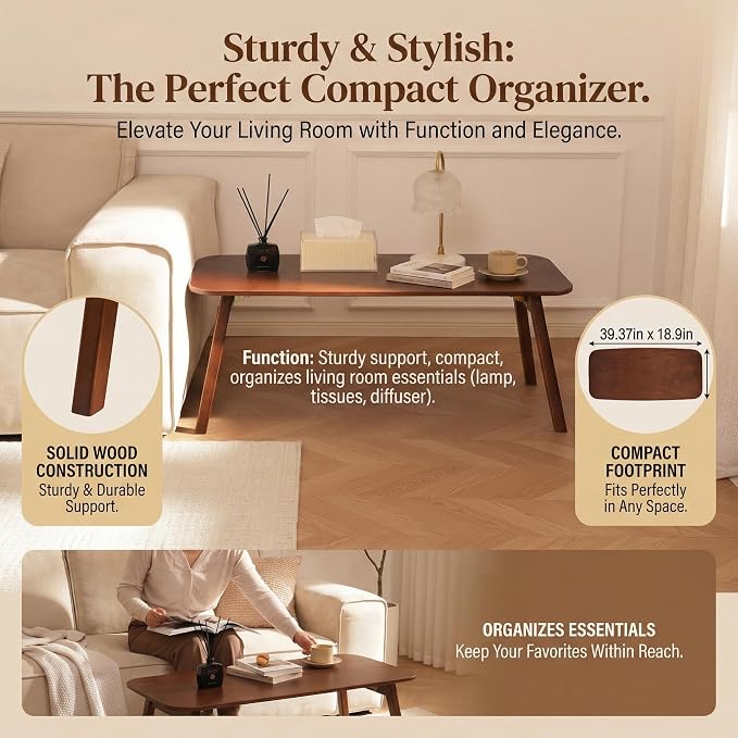 Baveke Folding Coffee Table- Foldable Floor Tables, Mid Century Coffee Table for Living Room, Small Coffee Tables Solid Wood Japanese Low Table for Sitting on Floor, No Assembly, 39.4''-Brown