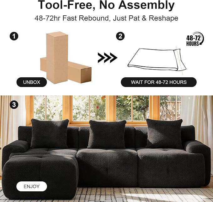 104" Cloud Couch Sectional with Ottoman, L-Shaped Boneless Sofa, Modern Modular Couch, Pineapple Grid Fabric with Foam & Spring Filling for Living Room, No Assembly Required (Black)
