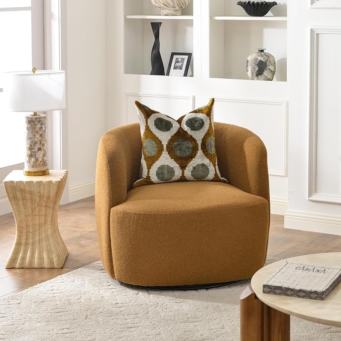 KINWELL 34" Wide Boucle Swivel Barrel Chair, No Assembly Round Upholstered Armchair Accent Chair Single Sofa Chair with Toss Pillow for Living Room and Bedroom, Brown