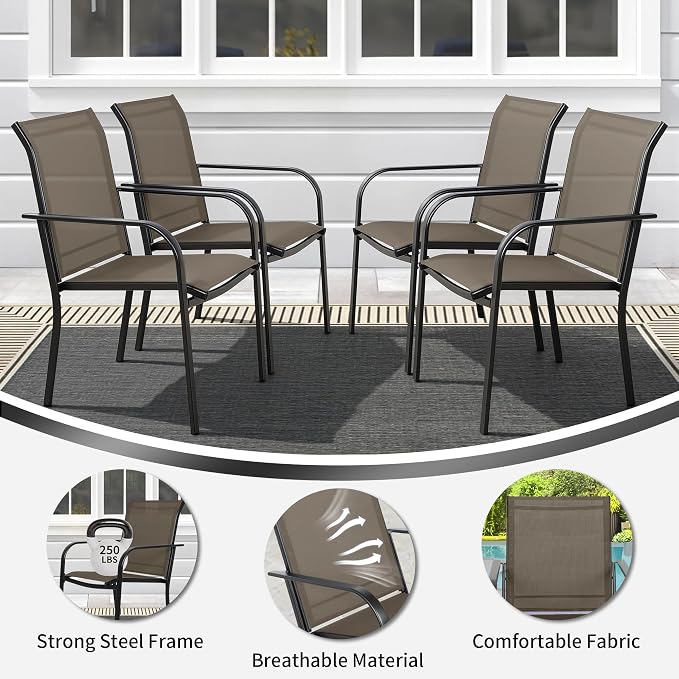 SUNCROWN 5 - Piece Outdoor Dining Set, Patio Furniture Set with 4 x Textilene Dinning Chairs and 41" Metal Round Table with Umbrella Hole for Lawn Garden Backyard Deck, Brown