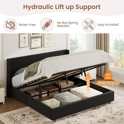Garvee King Lift Up Storage Bed Frame, Corduroy Upholstered Platform Bed with Gas Lift, Padded Headboard, Wooden Slat Support, No Box Spring Needed, Easy Assembly, Black