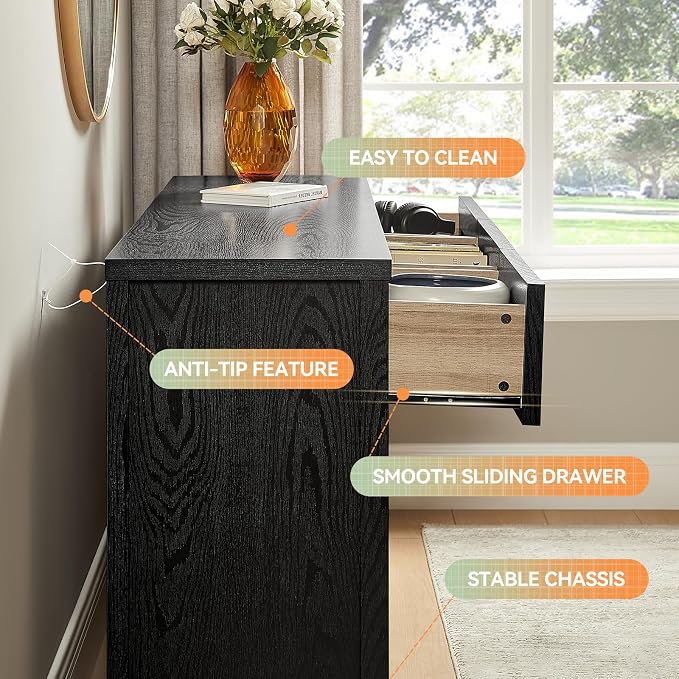 7 Drawer Dresser for Bedroom, 53.5" Wide Wooden Closet Organizers, Modern Oak Chest of Drawers with Metal Handle, Large Storage Dresser TV Stand for LivingRoom Office, Entryway (Black)