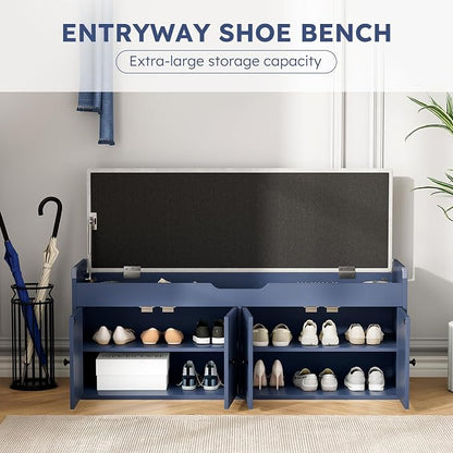 47.2" Storage Bench - Entryway Shoe Bench with 4 Doors and Top Storage Area, Multifunctional Entryway Bench with Lift Top Cushion, Shoe Storage Bench for Bedroom, Living Room, Navy Blue