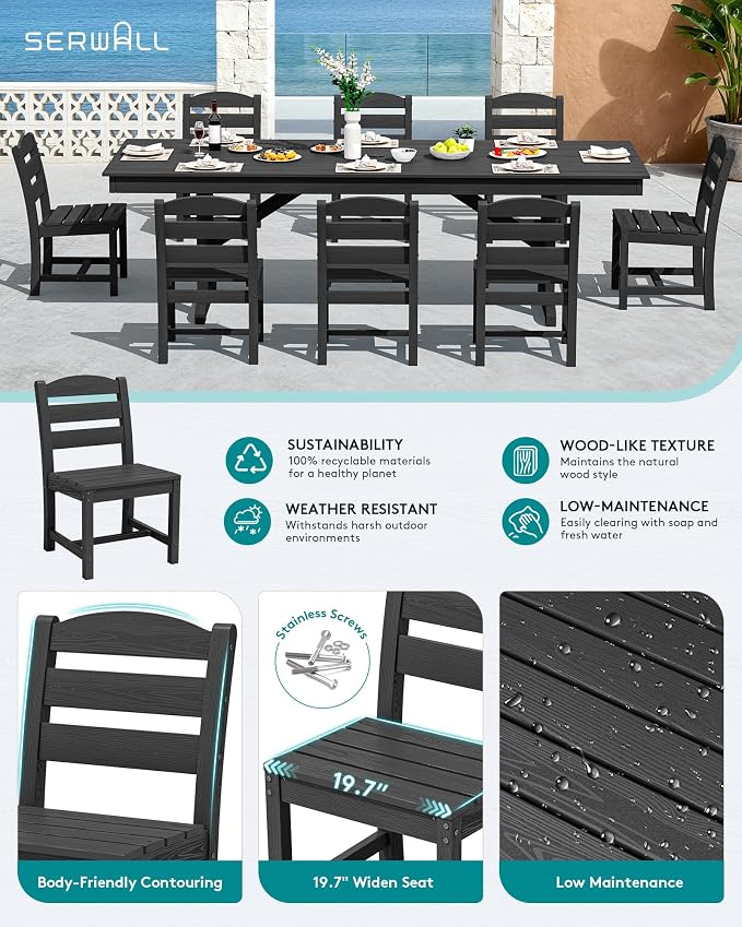 SERWALL 9 Piece 84" HDPE Outdoor Dining Set for 8 with Armless Chairs and Umbrelle Hole, Black