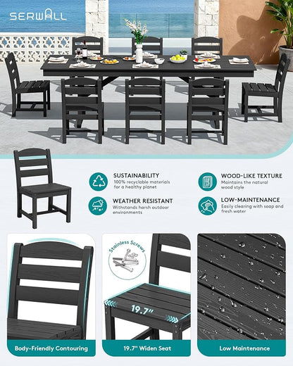SERWALL 9 Piece 84" HDPE Outdoor Dining Set for 8 with Armless Chairs and Umbrelle Hole, Black