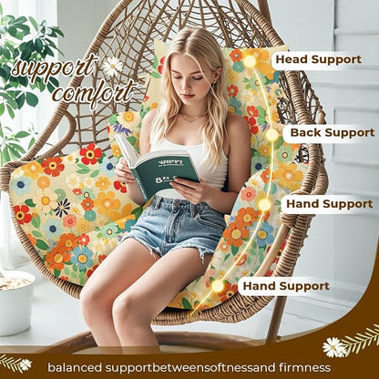 Waterproof Egg Chair Cushion Replacement 47x31.5x4.7 inch Thicken Hanging Egg Swing Chair Cushion Indoor Outdoor Wicker Rattan Hammock Basket Cushion with Headrest Pillow, Daisy