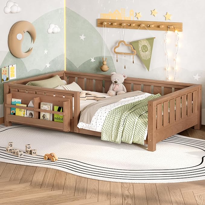 Bellemave Twin Size Montessori Floor Bed with Slats and Fence, Twin Size Montessori Bed with Rails and Bookcase, Easy Assemble Floor Beds Frame, Natural