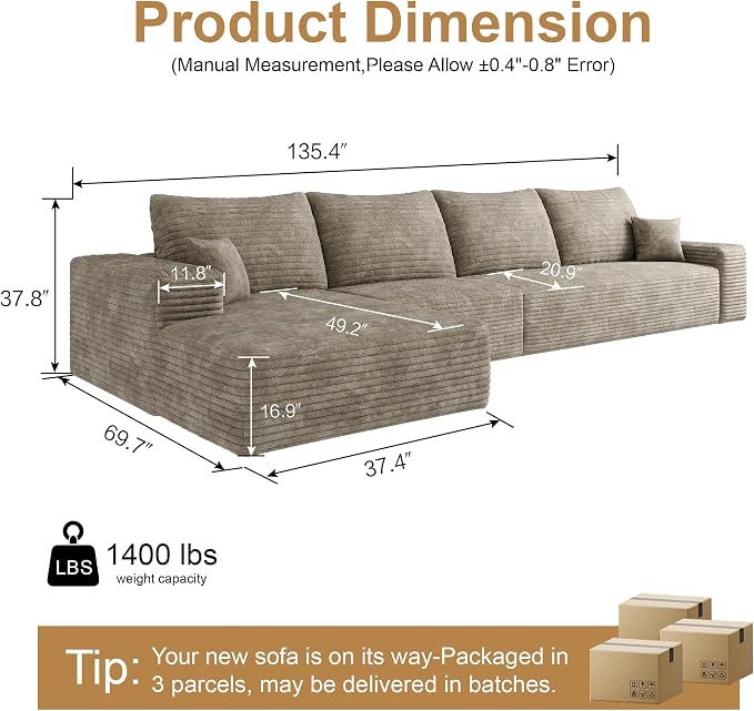AUGOP 136" Sectional Couches for Living Room Modern Modular Sofa with L-Shape Couchs Upholstered Boneless Couch Deep Seat Sectional Couch with Chaise (Camel, 136" Left Facing Chaise+3Seaters)