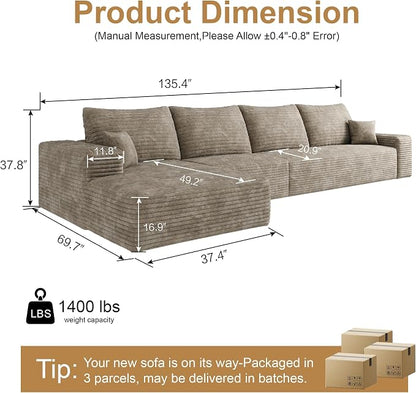 AUGOP 136" Sectional Couches for Living Room Modern Modular Sofa with L-Shape Couchs Upholstered Boneless Couch Deep Seat Sectional Couch with Chaise (Camel, 136" Left Facing Chaise+3Seaters)