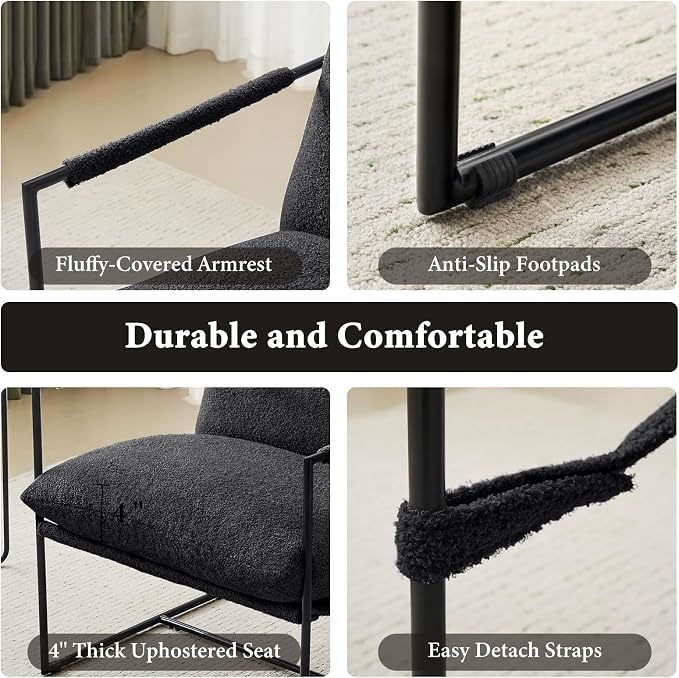 Furnilivng Large Sling Accent Chair, Comfortable Boucle Fabric Arm Chair, Upholstered Cozy Reading Chair for Living Room, Bedroom, Dressing Room, Home Office (Black, Set of 1)