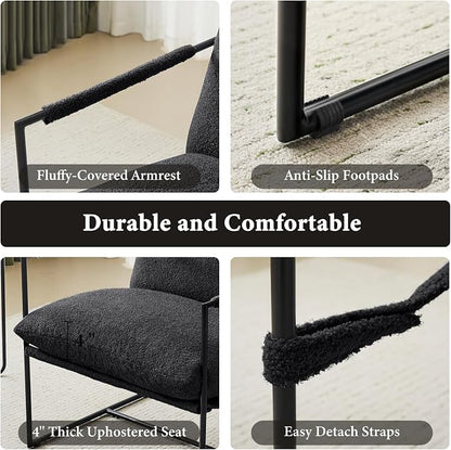 Furnilivng Large Sling Accent Chair, Comfortable Boucle Fabric Arm Chair, Upholstered Cozy Reading Chair for Living Room, Bedroom, Dressing Room, Home Office (Black, Set of 1)