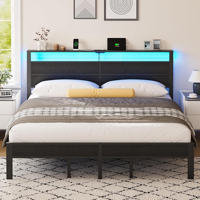 Liians Black King Size Bed Frame with LED Lights and Charging Station, King Size Platform Bed with Metal Slats and Wood Headboard, No Box Spring Needed