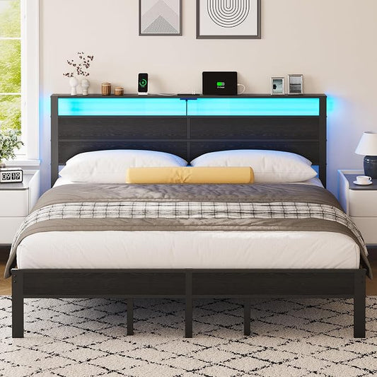 Liians Black King Size Bed Frame with LED Lights and Charging Station, King Size Platform Bed with Metal Slats and Wood Headboard, No Box Spring Needed