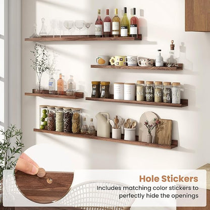 Fun Memories Picture Ledge Shelves Set of 2, 36 Inch Rustic Wall Mounted Floating Shelves with Lip for Home Storage and Décor in Bathroom, Kitchen, Nursery, Bedroom, Living Room, Walnut