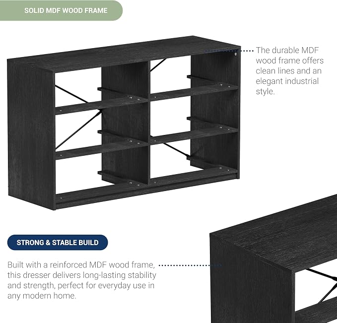 Modern 6-Drawer Dresser with Spacious Storage, Sturdy Wood Frame, Large Capacity Fabric Drawers, Dressers for Bedroom, Home Organization Storage for Living Room or Hallway, Black | 6-drawer dresser, fabric storage drawers, sturdy wood frame, bedroom or...