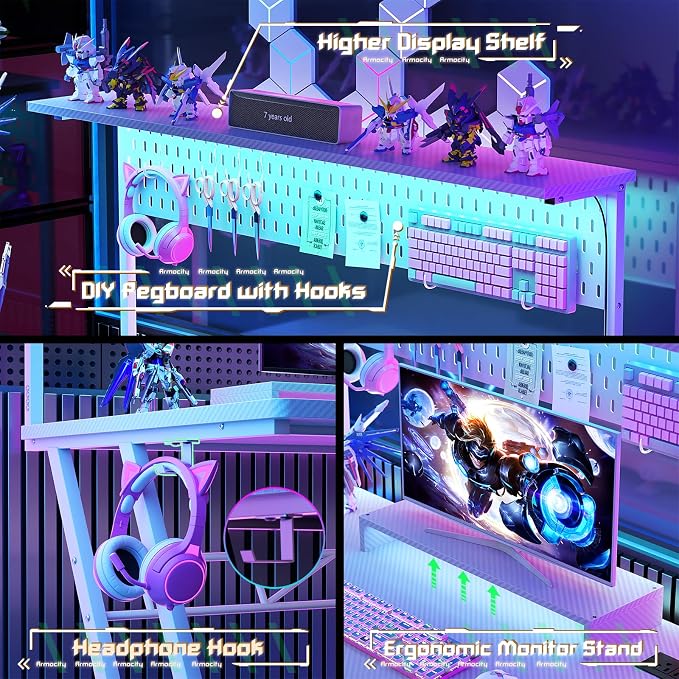 Armocity 53'' White Gaming Desk with Hutch and LED Lights, Gaming Computer Desk with Storage Shelves & Z-Shaped Legs, Reversible PC Game Desk with Pegboard for Bedroom, Carbon Fiber Surface