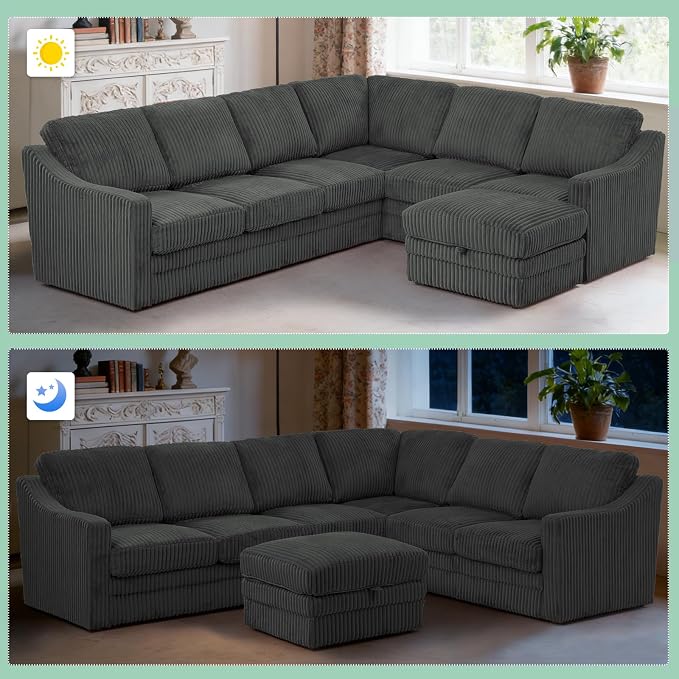 115" Corduroy Sectional Sofa with Storage Ottoman, Modern 7 Seats Corner Couch with Deep Seats, Comfy Modular U Shaped Couch with Comfortable Cushions for Living Room, Grey
