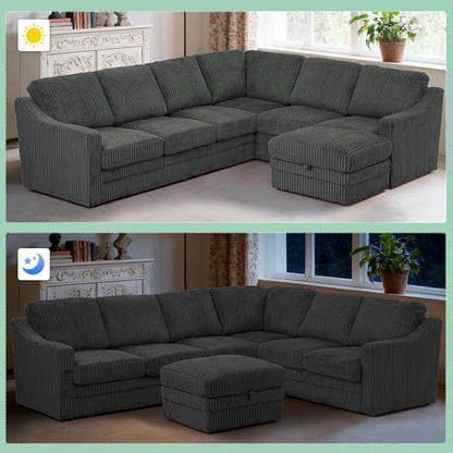 115" Corduroy Sectional Sofa with Storage Ottoman, Modern 7 Seats Corner Couch with Deep Seats, Comfy Modular U Shaped Couch with Comfortable Cushions for Living Room, Grey