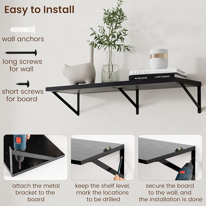 Axeman Floating Shelves for Wall Black- 36 Inch Wide x 12 Inch Deep Wall Shelves Set of 2 - Black Deep Wood Floating Shelves for Living Room Bedroom Laundry Room